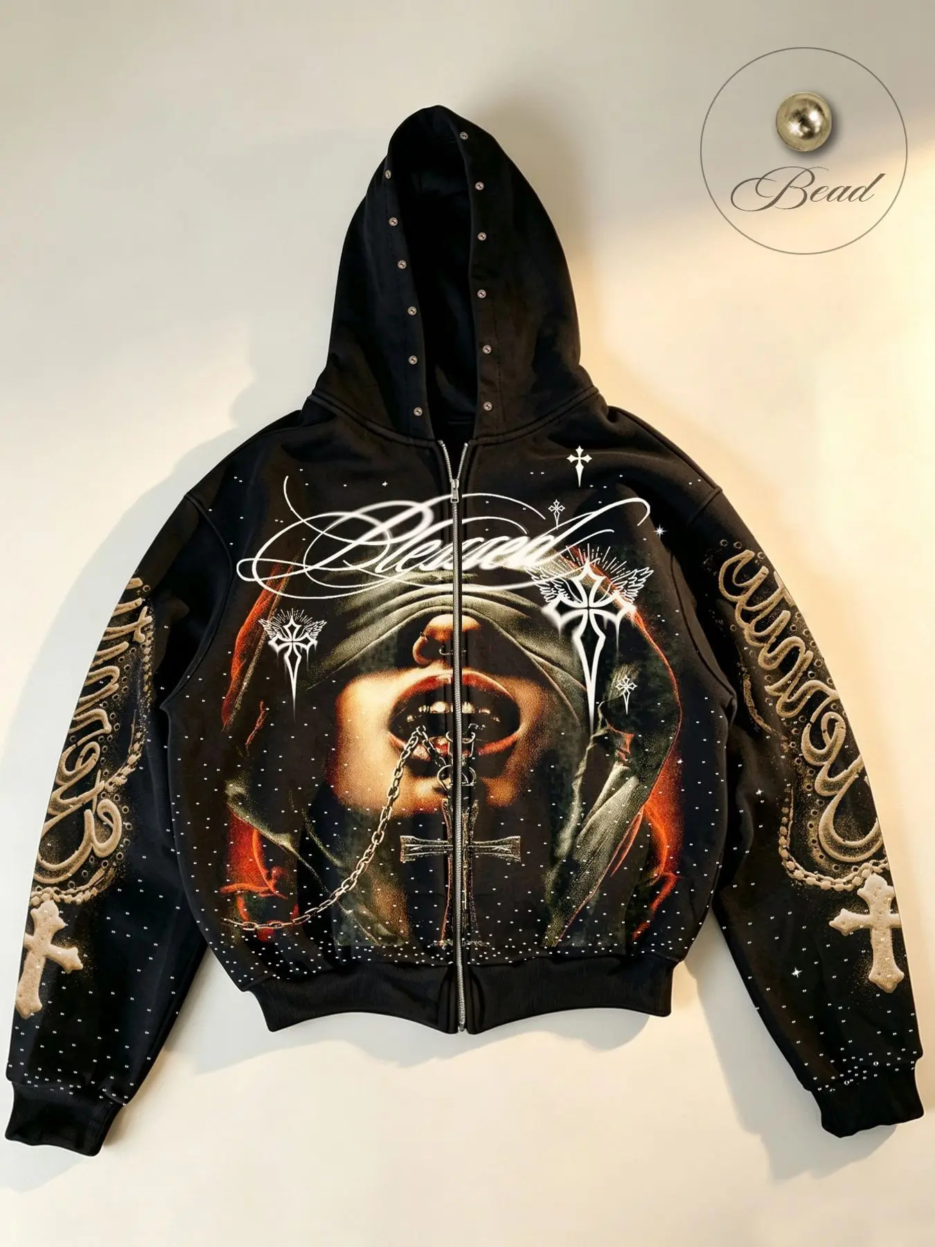 "Blessed" Slogan & Dark Nun Rhinestone-Print Men's Zip-Up Hoodie, Unisex/Y2K High-Street Style, Streetwear, with gold stud embellishments on hood brim, cross and English slogan design, all-over dot print, vintage-distressed, loose, cropped fit
