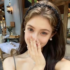 4 Pcs Braided Headbands with Teeth for Women, Handmade Crystal Flower Comb Hairbands, Sparkly Twisted Non-Slip Hard Head Bands, Elegant Silver Black Hair Accessories