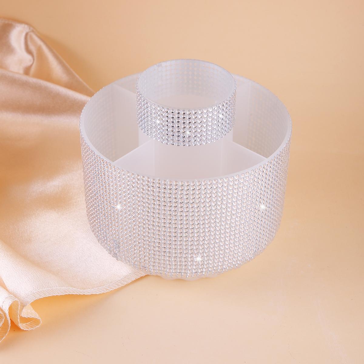 Luxury Rhinestone Makeup Brush Holder Storage Box, 360° Rotating Cosmetic Organizer with Multiple Compartments, Suitable for Women and Girls