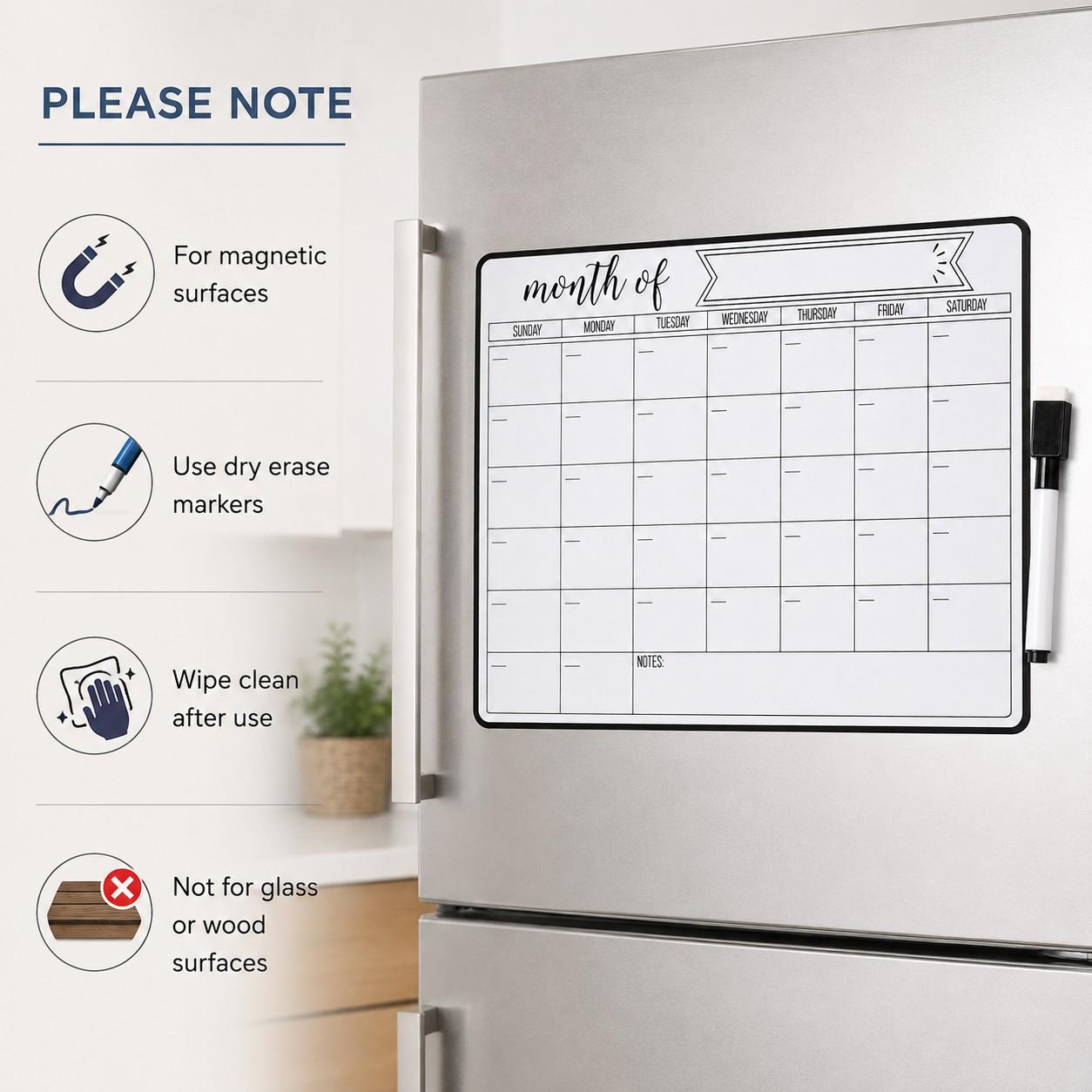 Magnetic Refrigerator Monthly Planner Set, Calendar for Fridge, Includes 4 Magnetic Markers, Reusable Whiteboard, Ideal for Home and Study Time Management