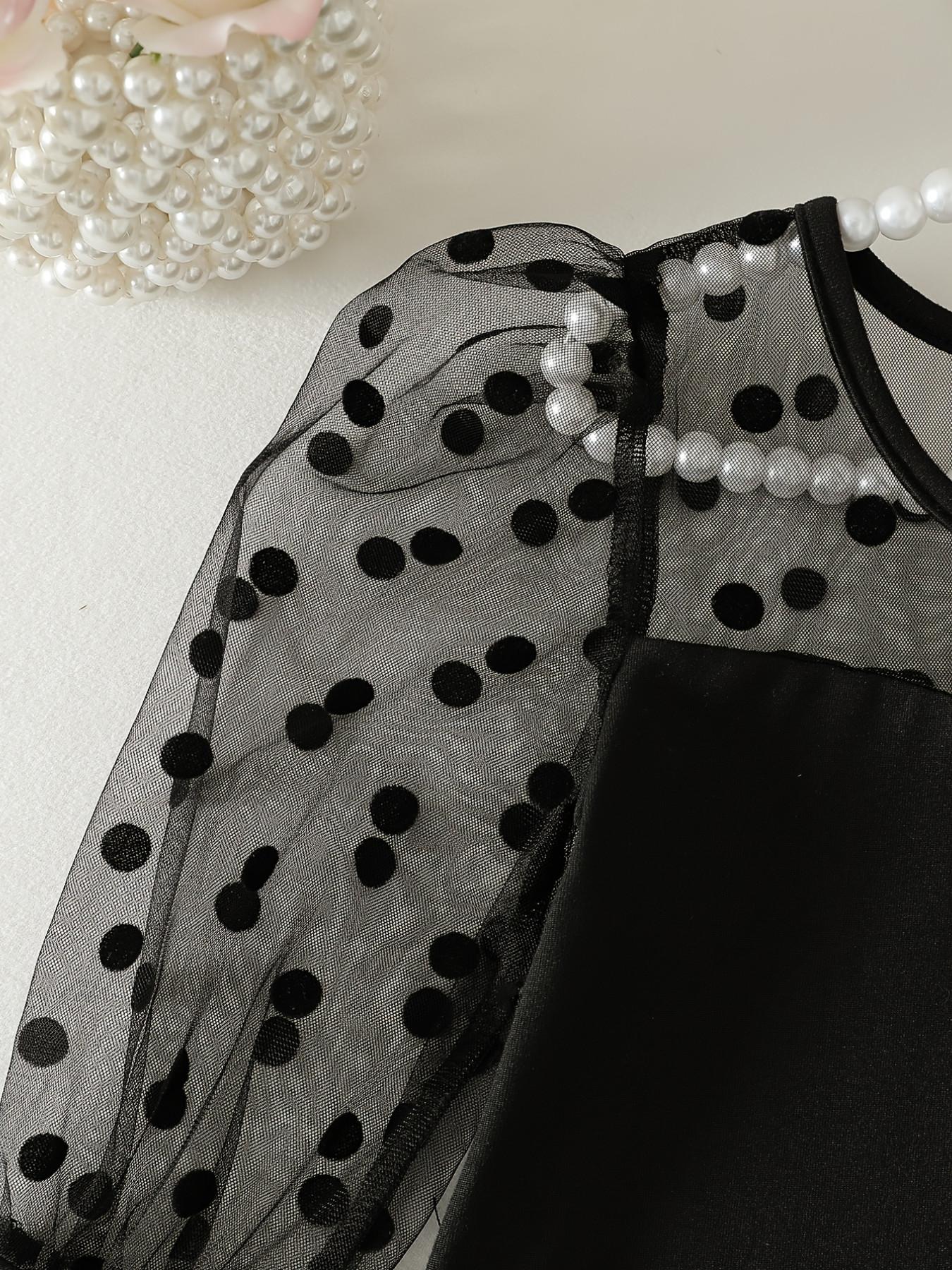 Girls' Spring Bodysuit, Retro Polka Dot Sweetheart Style, Long Sleeve Netting Bodysuit for Baby Girls, Polka Dot Netting Bubble Sleeves + Semi-Transparent Netting Round Neck, Perfect Birthday Gift for Baby Girls, Suitable for Daily Home Wear and Travel
