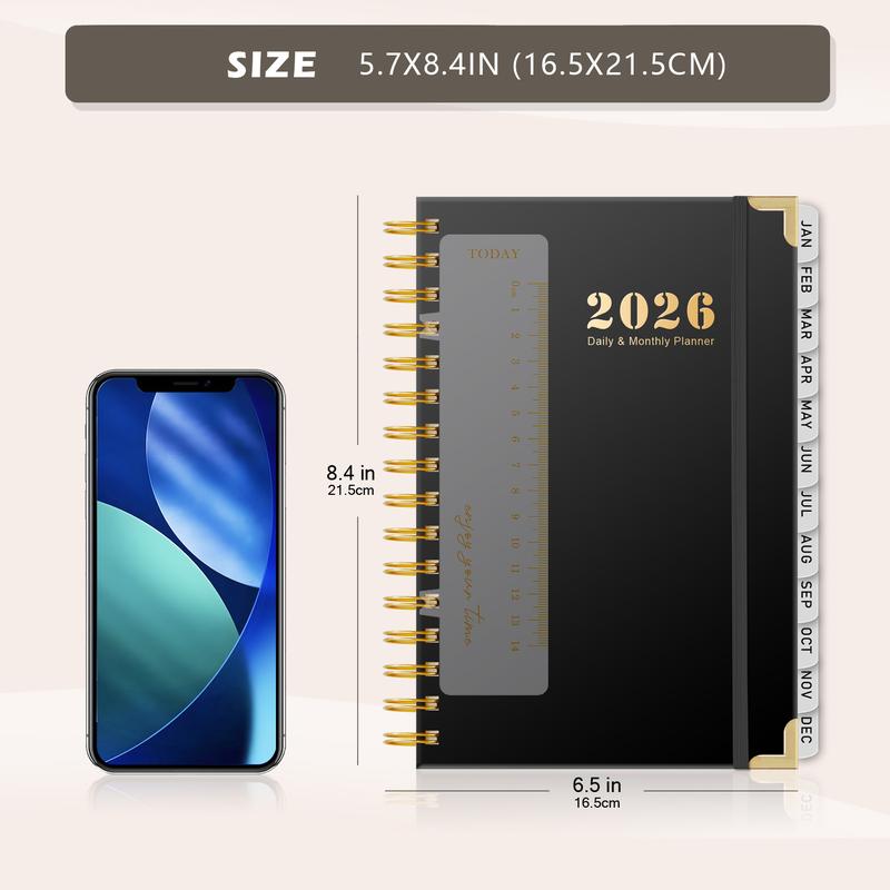 2026 Daily & Monthly Planner/Calendar, January 2026 - December 2026 Hardcover Planner Book With Monthly Tabs, Inner Pocket, Flexible Cover, A5 Compact Size (8.4"x5.7"), Perfect For Women & Men