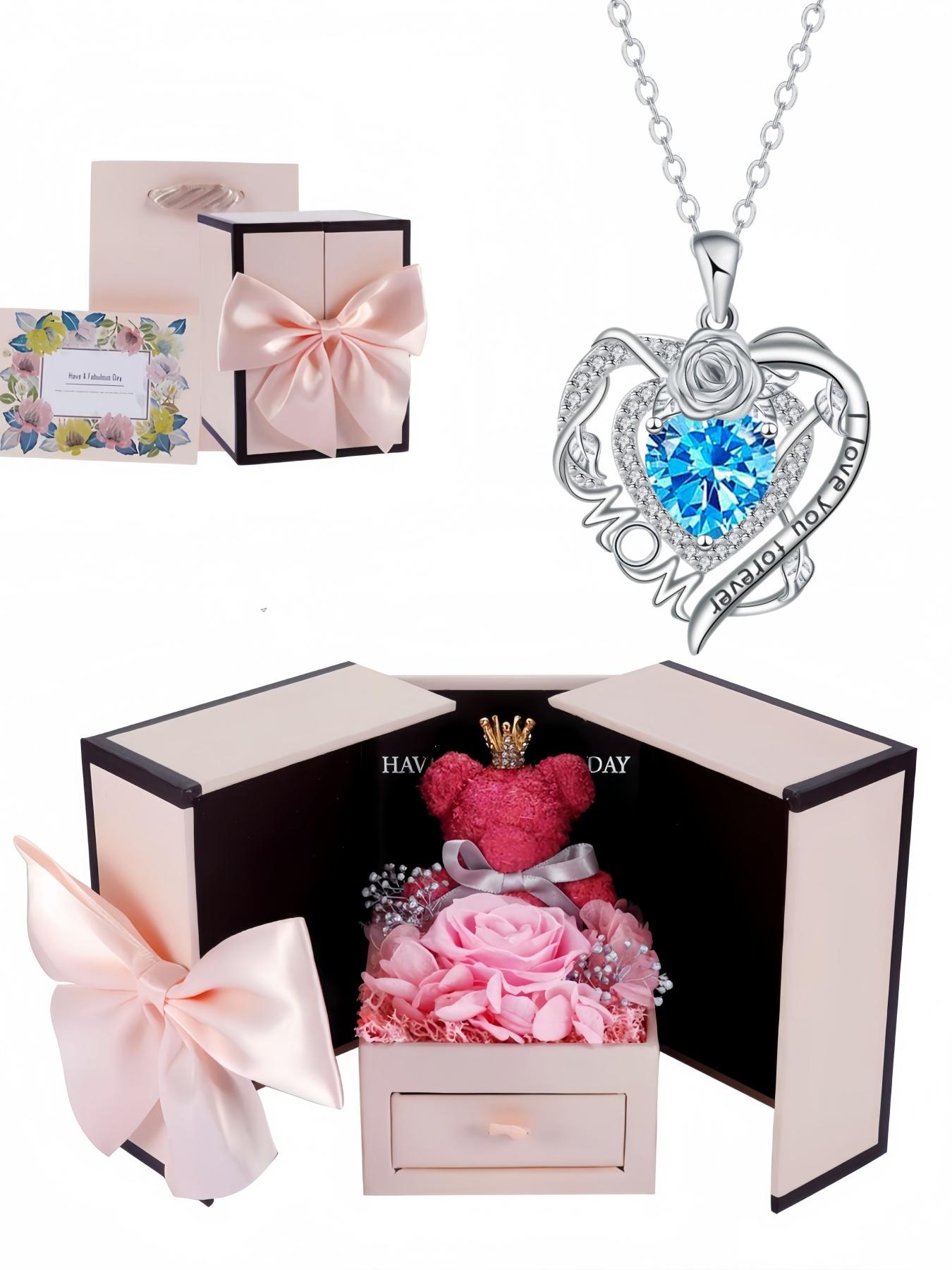 Rose Heart Forever Mom Original heart-shaped rose pendant, luxury premium gem necklace.Paired with a preserved rose & teddy bear jewelry gift box.Perfect mysterious gift for festivals, birthdays, Valentine's Day, Mother's Day and Christmas.