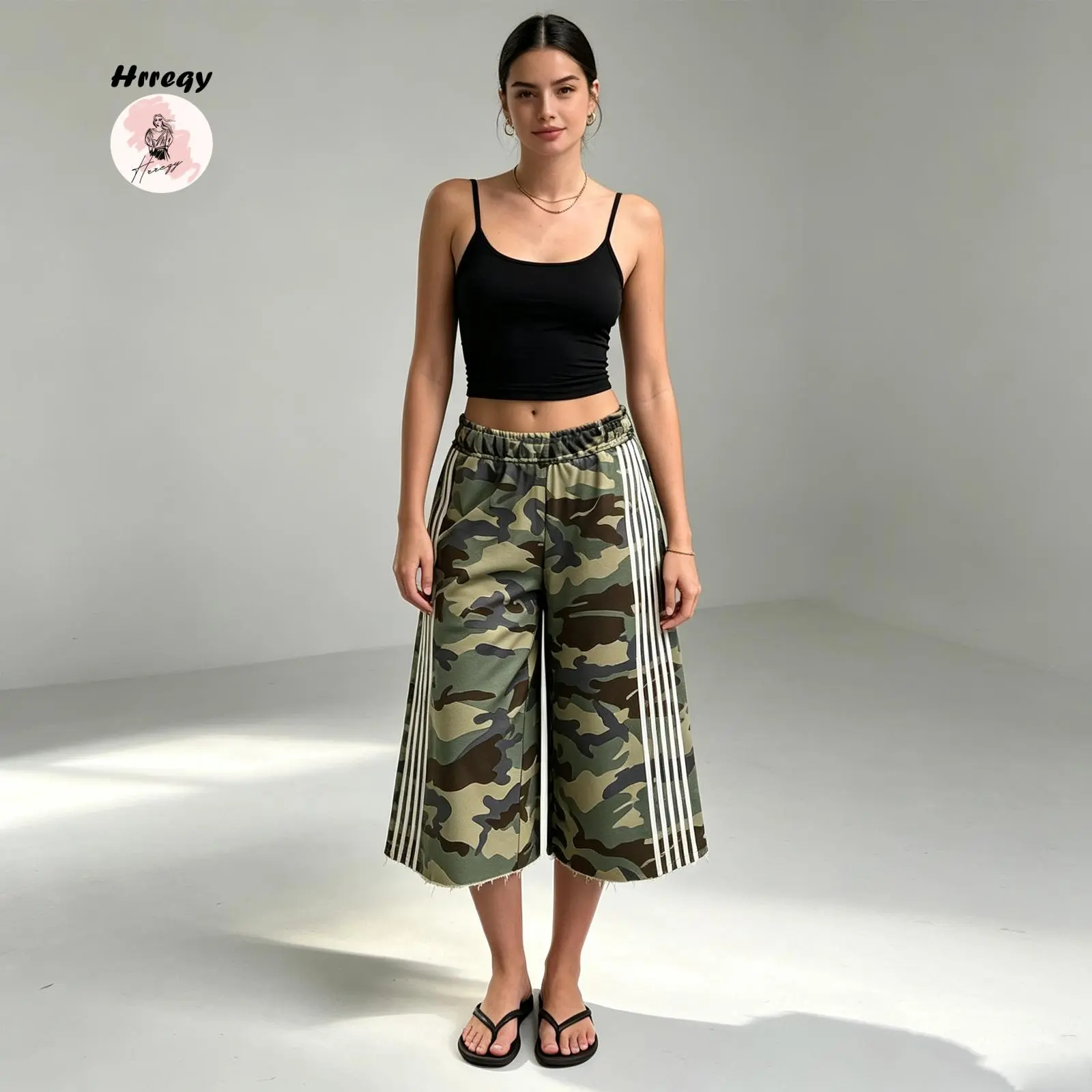 Women’s Camouflage Print Wide‑Leg Culotte Sweatpants, Elastic High Waist Side Striped Raw Hem Cropped Pants for Street Casual Outfits