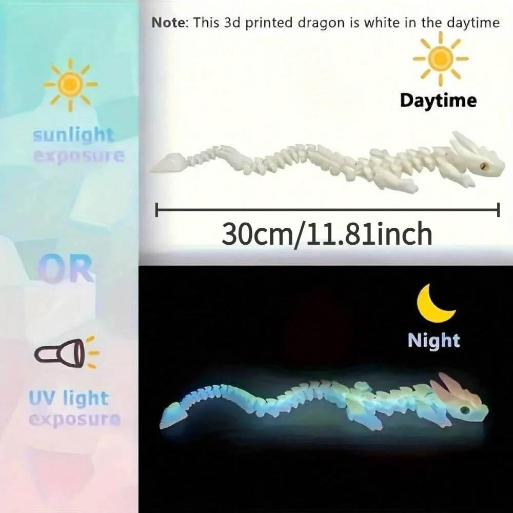 3D Printed Crystal Dragon Statue with Night Glow Rainbow Light and Fluorescent Scales, Multi-Jointed Moving Body, Durable Plastic Figurine
