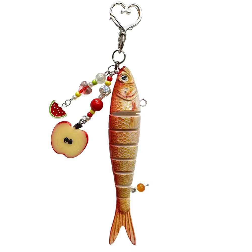 Novelty Fish Keychain, Fishing Enthusiasts Creative Bait Keychain, Jointed Design Fish Keyring with Beaded Charm, Realistic Lure Keychain for Bag Backpack, Good Luck Aesthetic Fish bag Pendant Trinket, Kawaii Keychain Style Accessory