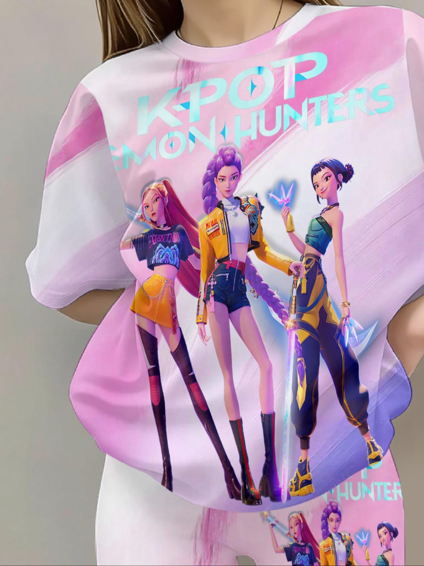 Girls' Gradient Tie-Dye Set, Anime Character Printed Short Sleeve Top & Bell-Bottom Pants Two-Piece, Casual All Seasons Wear