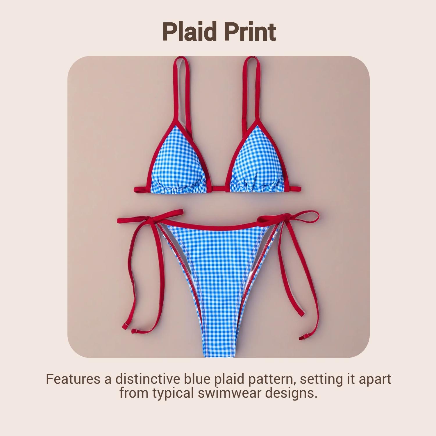 New Blue Plaid Print Bikini Set, and Blue Sexy Swimsuit, Cute Fitted Design, Drawstring Waist, Summer Beachwear