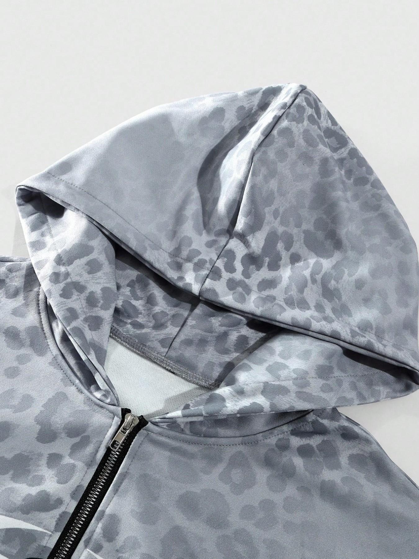 Men's and women's, Fitted styles of street hip-hop casual wear, Leopard print "USA" pattern sportswear set, Tracksuit Sweat Suits, suitable for spring and autumn campus life, outdoor activities, street photography