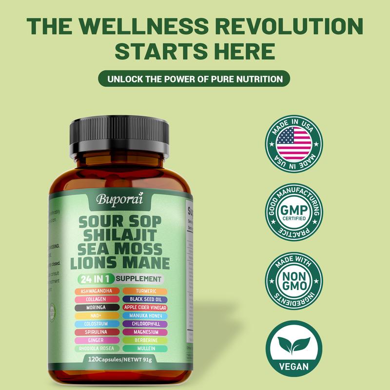 Buporai-Soursop Blend Dietary Supplement Capsules, containing soursop blend, vitamin C, supports skin health, relieves stress, supports joint and bone health