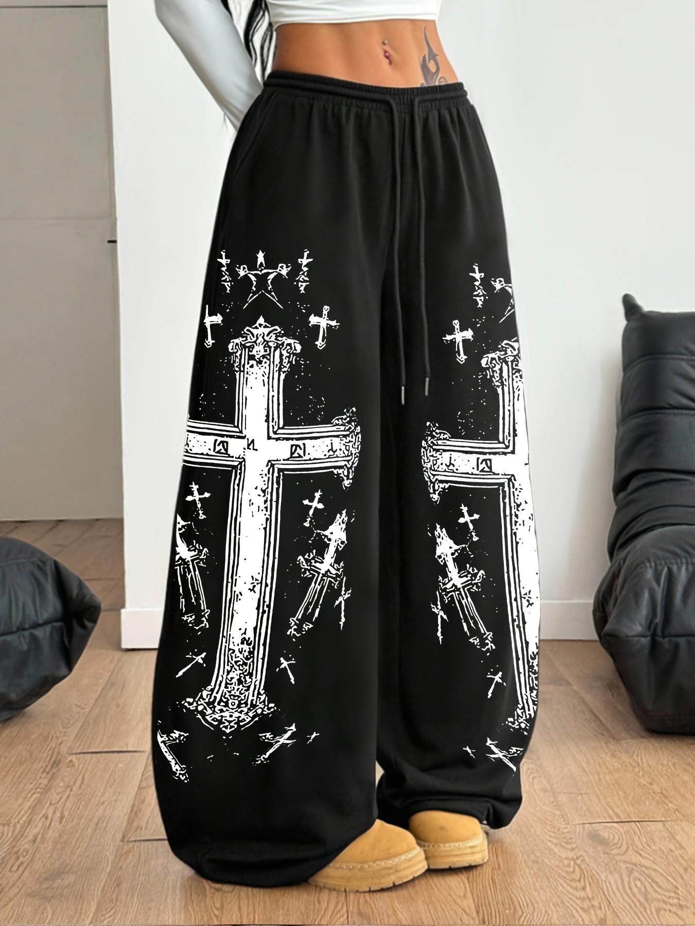 Punk-style trousers, Gothic cross-print joggers, Y2K retro wide-leg pants, edgy casual trousers, loose-fit cinched-waist sweatpants, subculture-style black straight-leg casual pants for women, All Season trousers