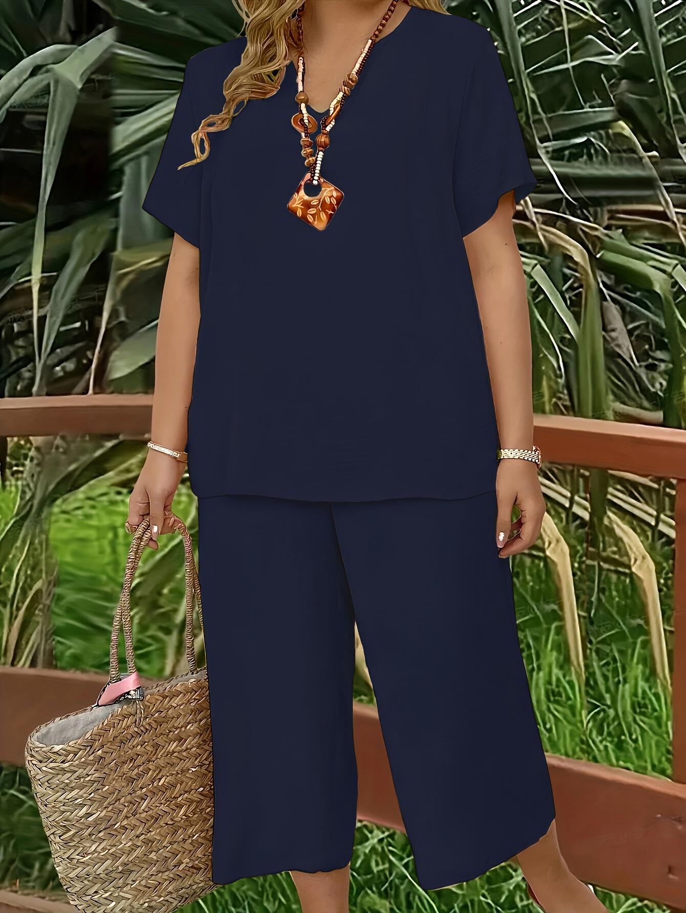 Elegant Plus Size Women's Solid Color Short Sleeve Fashion Top & Casual Wide Leg Pants Set, Summer, Comfortable & Stylish Elegant Plus Size Women's Solid Color Short Sleeve Fashion Top & Casual Wide Leg Pants Set, Summer, Comfortable & Stylish