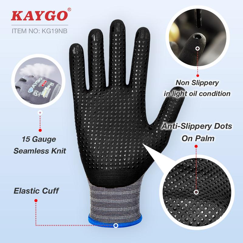 KAYGO Work Gloves MicroFoam Nitrile Coated KG19NB, Seamless Knit Nylon Safety Work Gloves with Micro Dots on palm, Ideal for General Purpose, Automotive, Home Improvement, Painting Protector