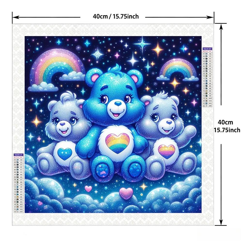 A set of 2D flat frameless handmade DIY diamond painting kit - dreamy starry sky rainbow bear theme with colorful diamonds and heart patterns, ideal for home wall decor and craft enthusiasts to create and enjoy.