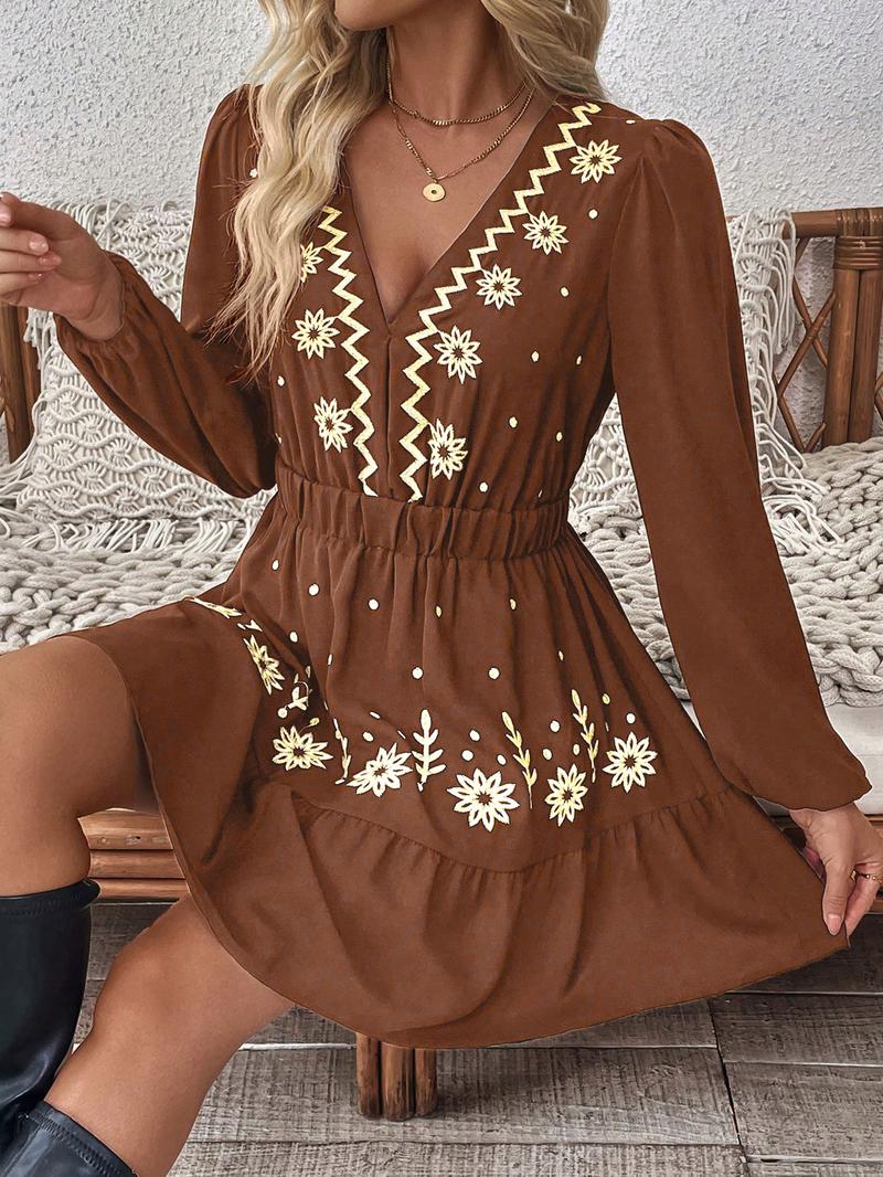 Women's Embroidered Deep V Neck Long Sleeve Dress, Full Floral Craftsmanship, Perfect Choice for Spring Summer Fall