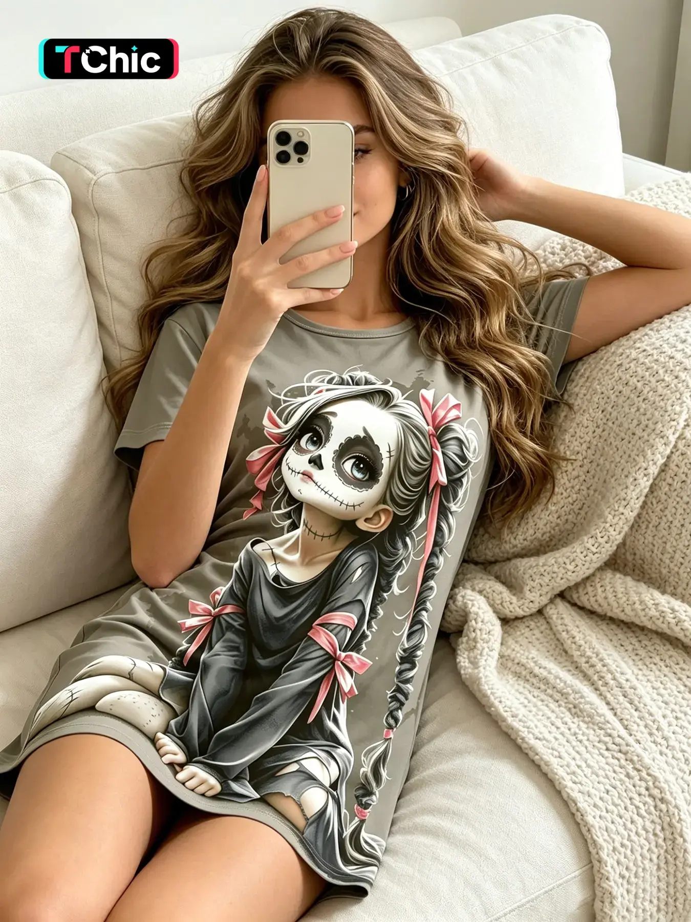 Women's Short Sleeve Round Neck Nightgown Nightwear, Spring Summer Wear, Gray Green Cute Goth Skull Girl Print, Cute Goth Style, Loose Fit, Breathable, For Daily Home Wear, Casual Wear And Home Office