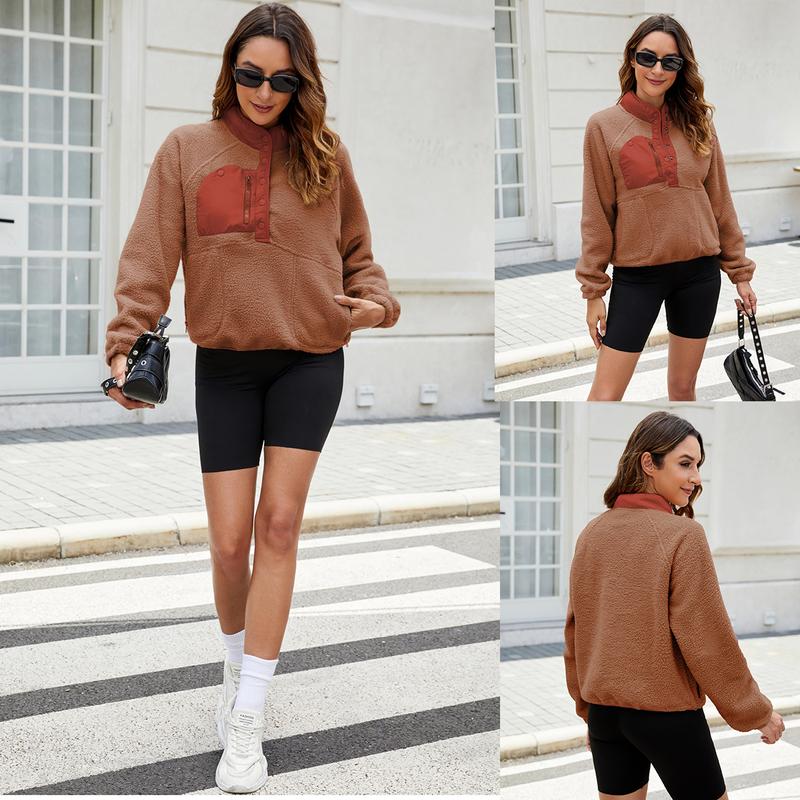 Buenoble Womens Fuzzy Fleece Pullover Sherpa Sweatshirt Long Sleeve Button Down Sweater Winter Fleece Jacket with Pockets
