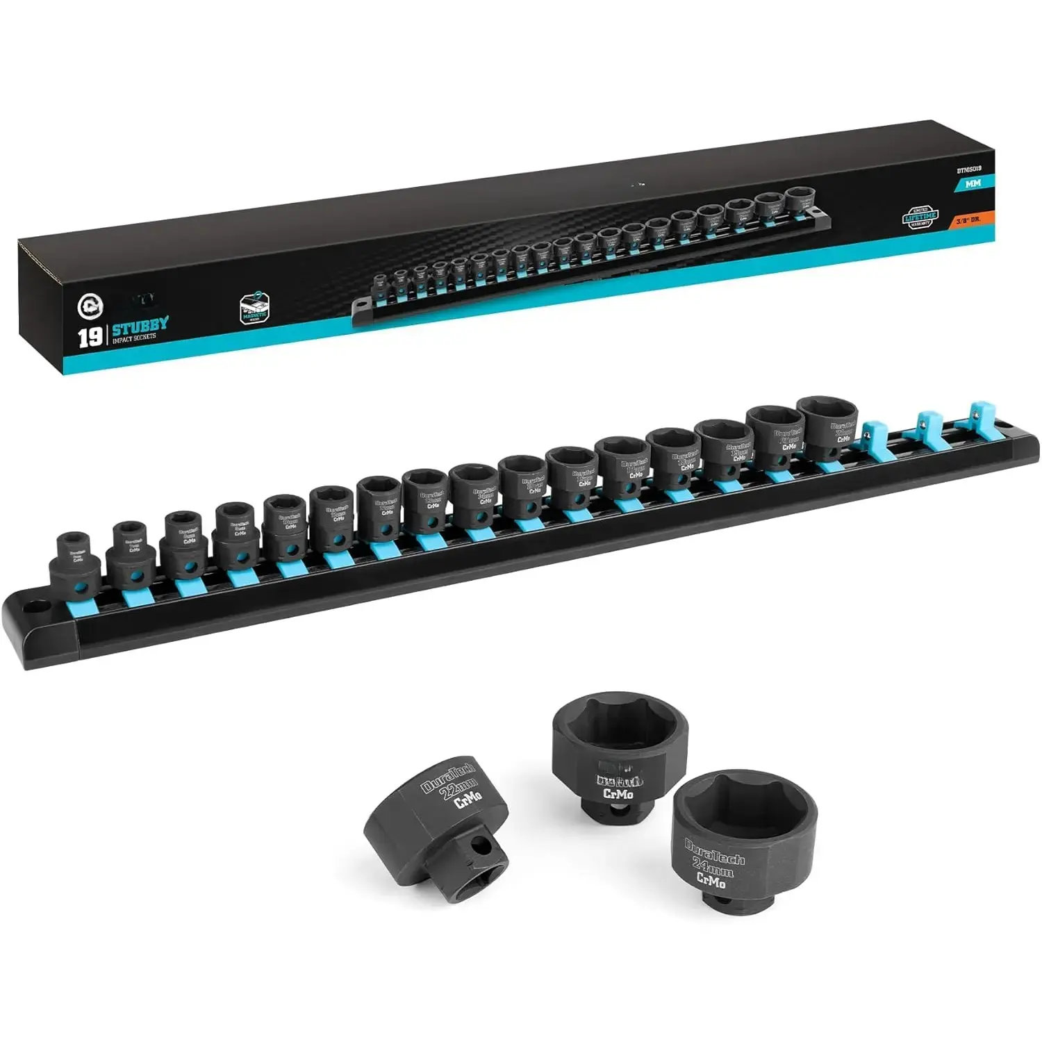 3/8" Drive Stubby Impact Socket Set, Low Profile Impact Sockets, 19-, Metric, Size Covers 6-24mm, Cr-Mo Steel, Organized in  Storage Rail