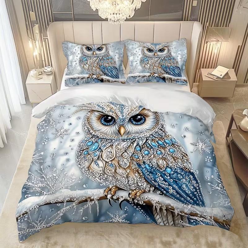 3-Piece Set with Owl on Branch Design, Includes 1 Duvet Cover and 2 Pillowcases, Snowflake Surround, Elegant and Cozy, Year-Round Use