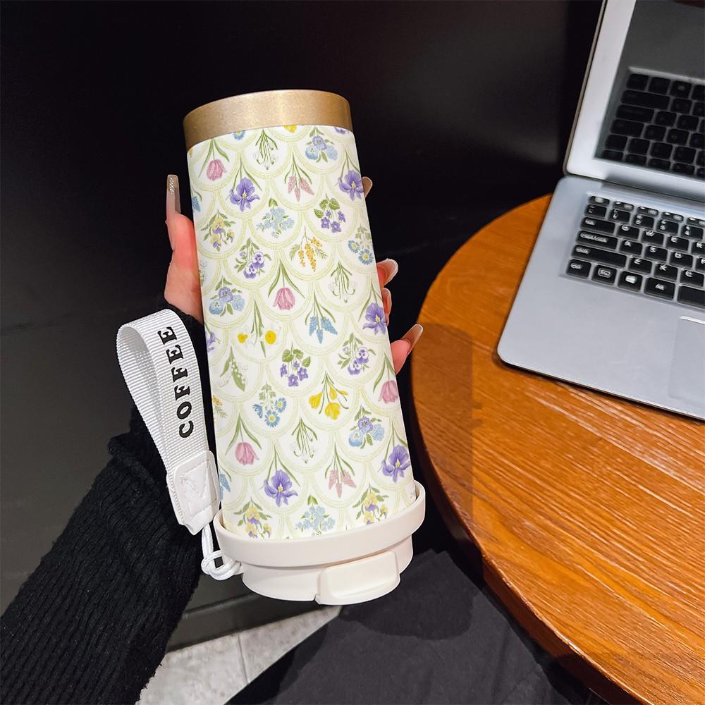 Abstract Floral Coffee Cup, Portable Insulated Tumbler, Keeps Drinks Hot/cold, Boho Style, Ideal for Office, Travel, Sports, Golf