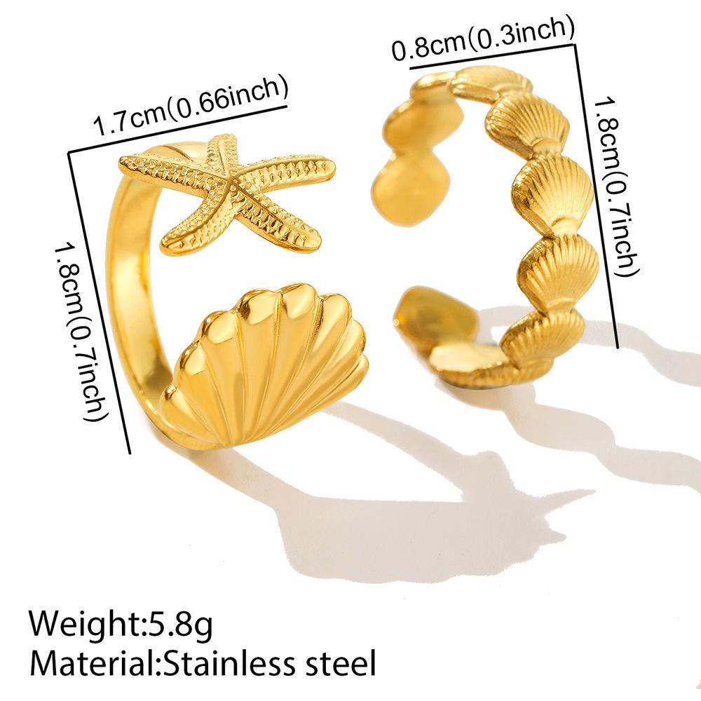 Ocean Element Stainless Steel Jewelry - Fresh Beach Style Shell Sea Star Open Adjustable Ring for Women