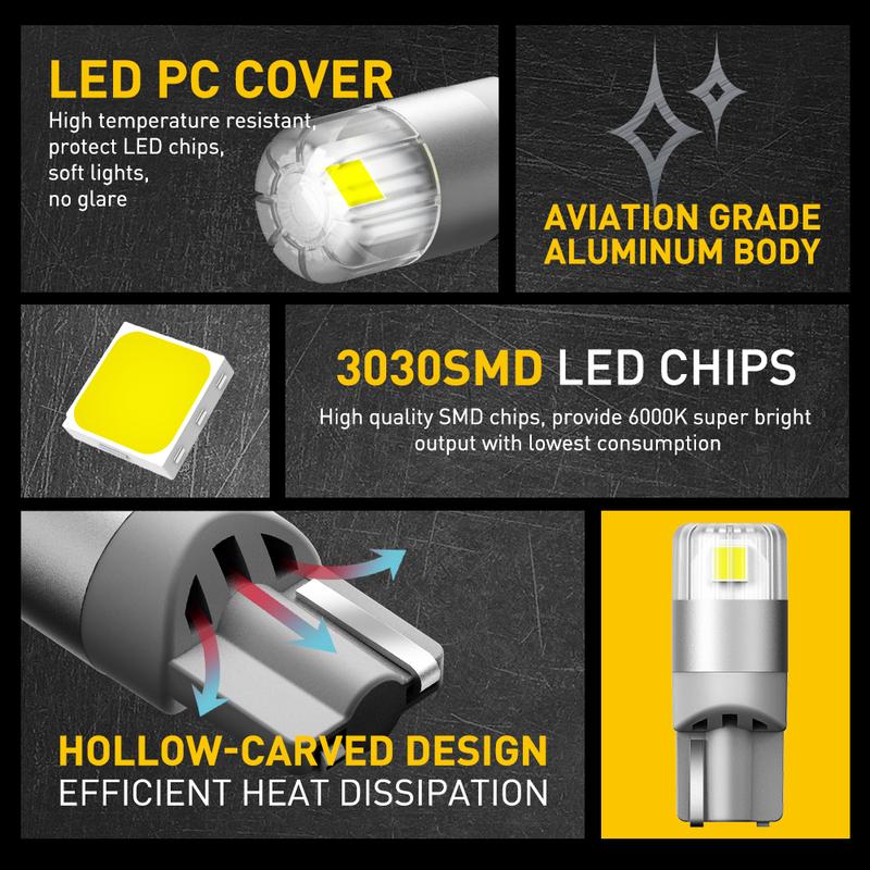 AUXITO 194 LED Bulbs 6000K White/Red/Yellow, Super Bright 1:1 Size, License Plate Light 168 175 2825 W5W T10 Error Free Car Bulbs for Dome Map Door Courtesy Side Marker Cornering Trunk Light (Pack of 2) Automotive