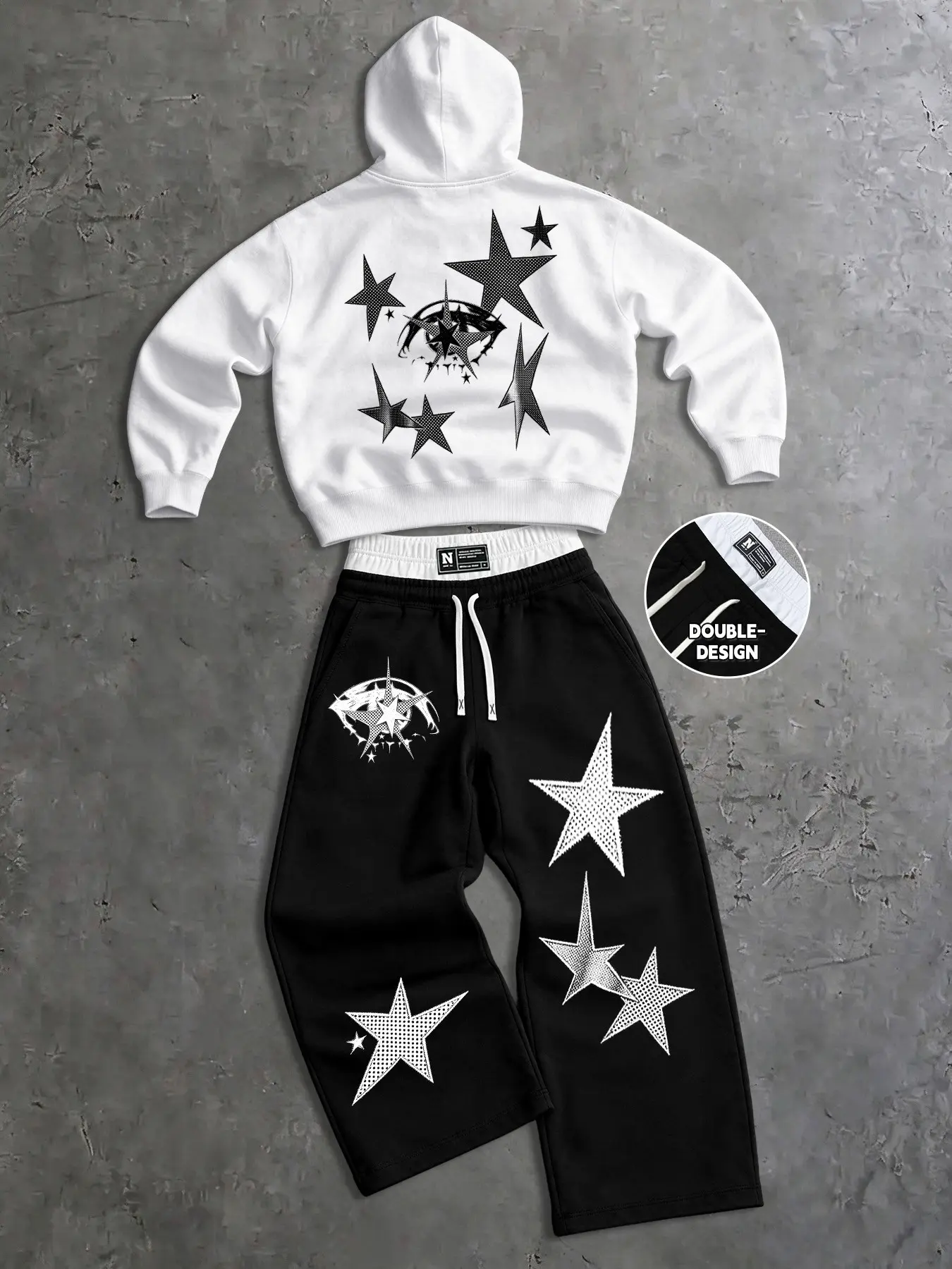 Men's Streetwear Sweatshirt Set, Star Print Long Sleeve Hoodie with Wide Leg Pants, Thickened Two-Piece for Fall Winter