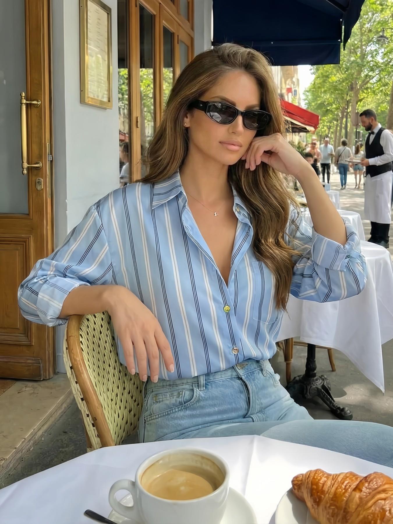 Women's Loose Long Sleeve Shirt, Elegant Inner Layer Casual Top, All-Over Pattern Design, Spring Fashion 2026 New Arrival