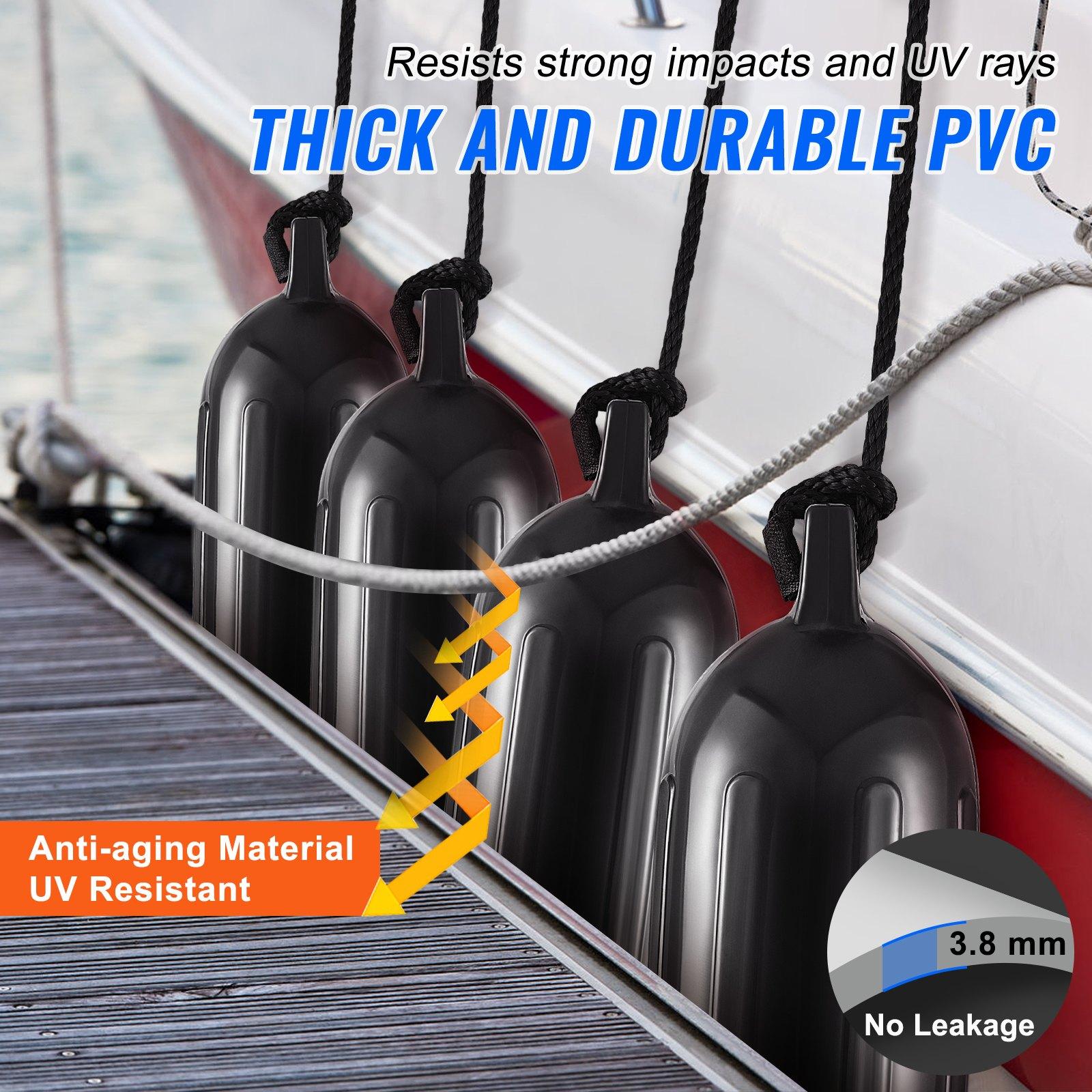 VEVOR Boat Fenders, 6.5" x 23" Boat Bumpers for Docking, Inflatable Ribbed Fender with Center Holes, Marine Boat Dock Fender Bumper with Air Pump, 4 Needles and 4 Ropes and Storage Bag, Black