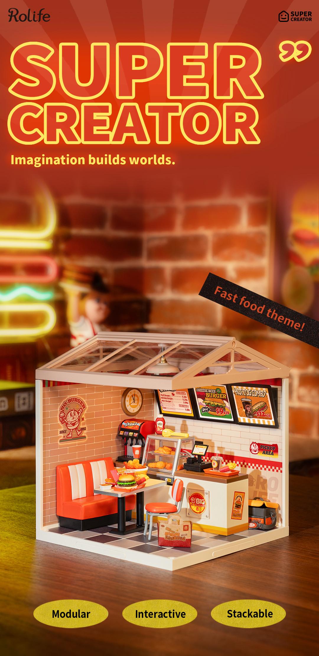 Rolife Yum Yum Burgers DIY Plastic Miniature House DW010 Miniature House Kit DIY Plastic House Building Toy Set with LED Tiny Store Making Kit Model Craft Hobby Unique Gift