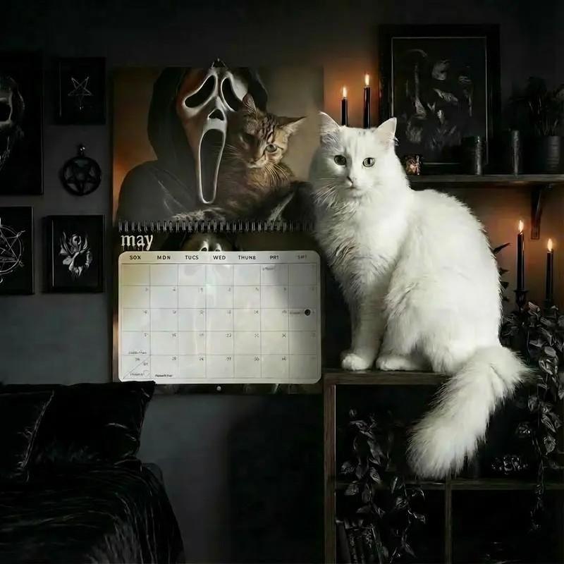 2026 Horror Cat Calendar, Funny Horror Movie Villains and Kitties Wall Planner, 12-Month Scary Cute Home Decor, Fun Gift for Film Lovers