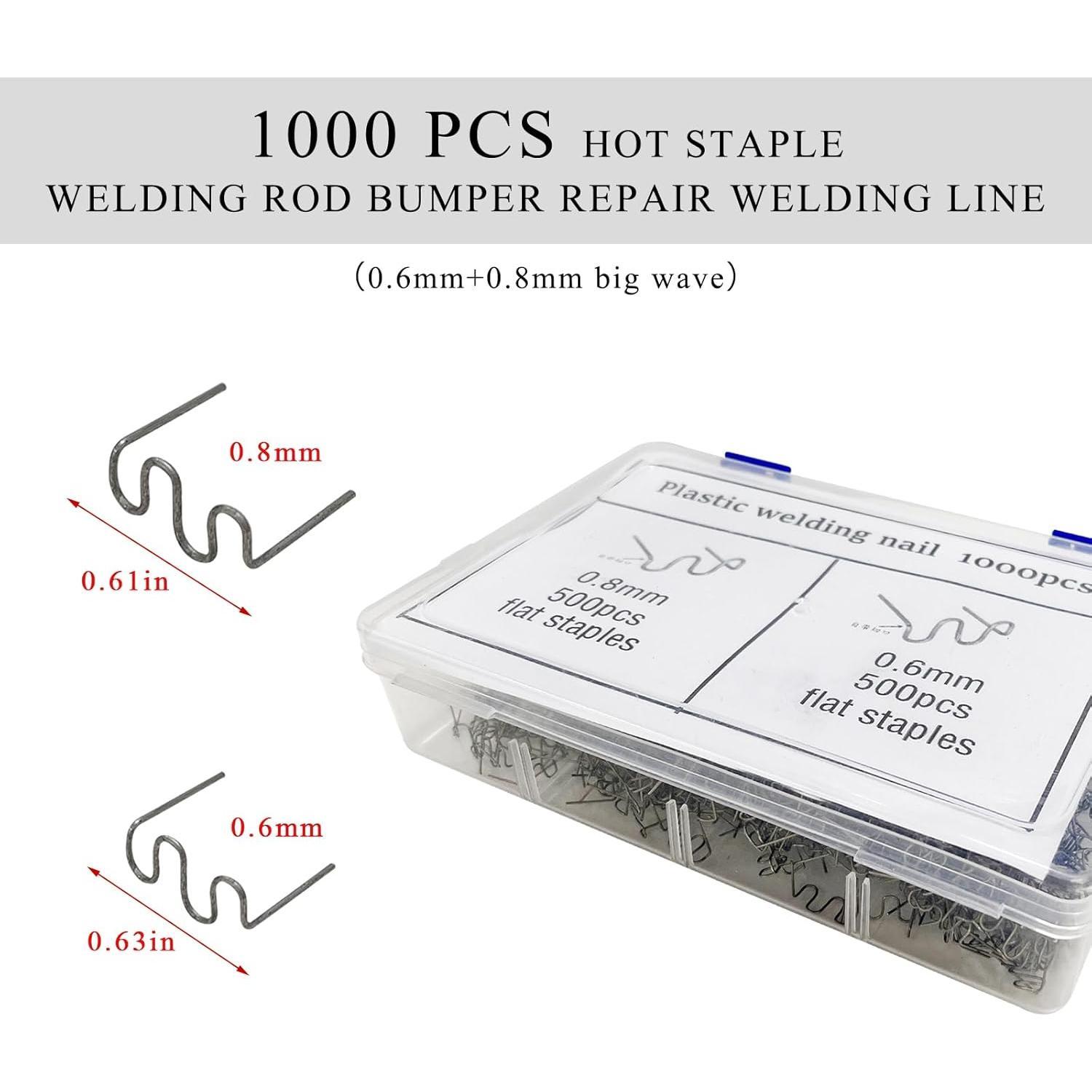 1000 count Hot Staples Bumper Welding Rods, 0.6mm 0.8mm Bumper Repairing Plastic Welding Kit, Metal Wave Shape Hot Staple Welding Wire for Machine Repair,  Accessories