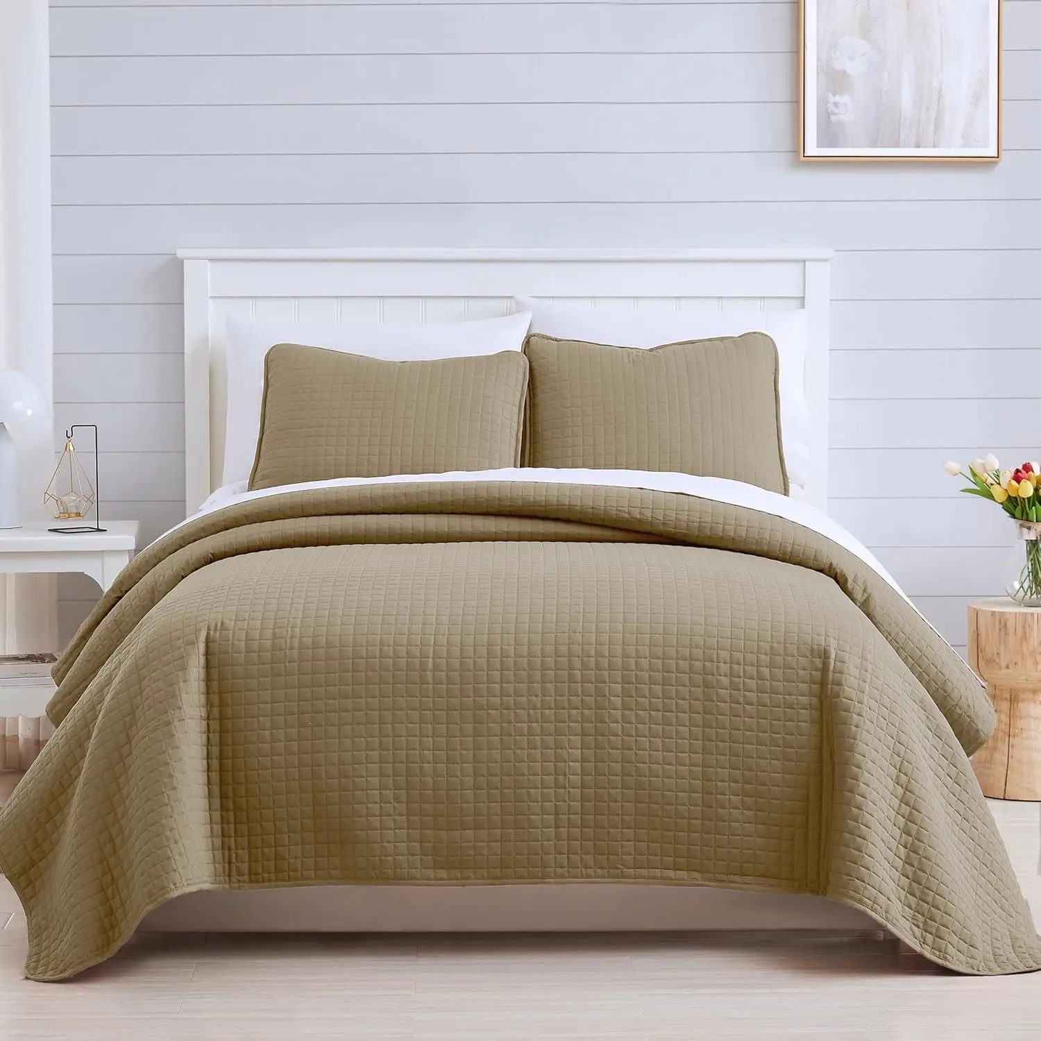 Twin Quilt Bedding Set, Soft Brushed Microfiber Taupe Quilts, Twin/XL Coverlet Bedspread, Wrinkle & Pet Hair Resistant Bedding with 1 Pillow Sham, Taupe