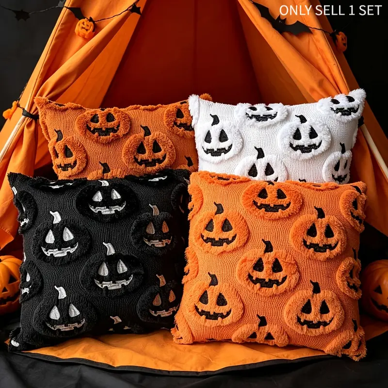 2 Pack Halloween Plush Embossed Throw Pillow Covers, Funny Ghost & Pumpkin Spooky Cushion Cases, Autumn Farmhouse Home Decor, Ideal For Porch, Patio, Sofa & Living Room, Fall Halloween Themed Decor