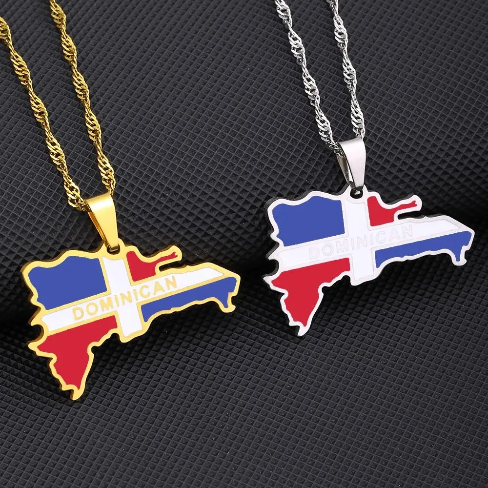 Unisex Dominican Republic Map Flag Pendant Necklace - Stainless Steel Jewelry, Beaded Chain Long Necklace, Birthday Gift Ideas for Men and Women