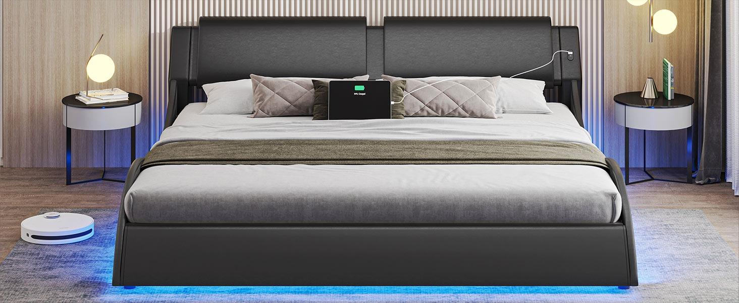 Sikaic Wave Like Curve LED Lighting Bed Frame With Charging Ports And Headboard Black Upholstered Platform Bedframe