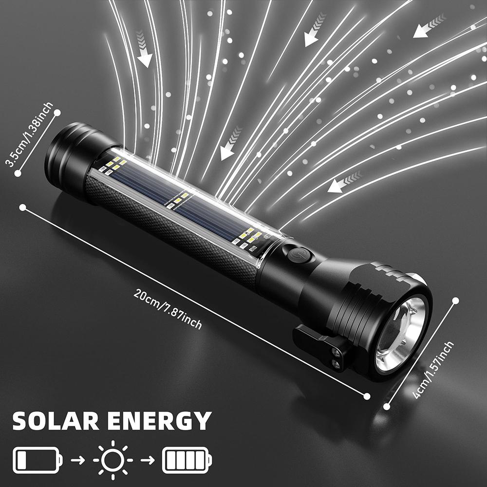 1PC Solar Rechargeable LED High Performance Flashlight, Multi Function Ultra Bright Flashlight, Emergency Strobe Light, USB-C Rechargeable, Survival Gear and Supplies, 5 Modes for Outdoor, Camping, Hiking, Multifunctional Flashlight