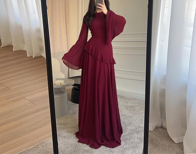 Women's Slim Round Neck Solid Bell Sleeve Floor Length Formal Garment - Polyester Blend, Elegant Fit, Ideal for Graduation, Formal Parties, Available in XXXL (Womens Dresses)