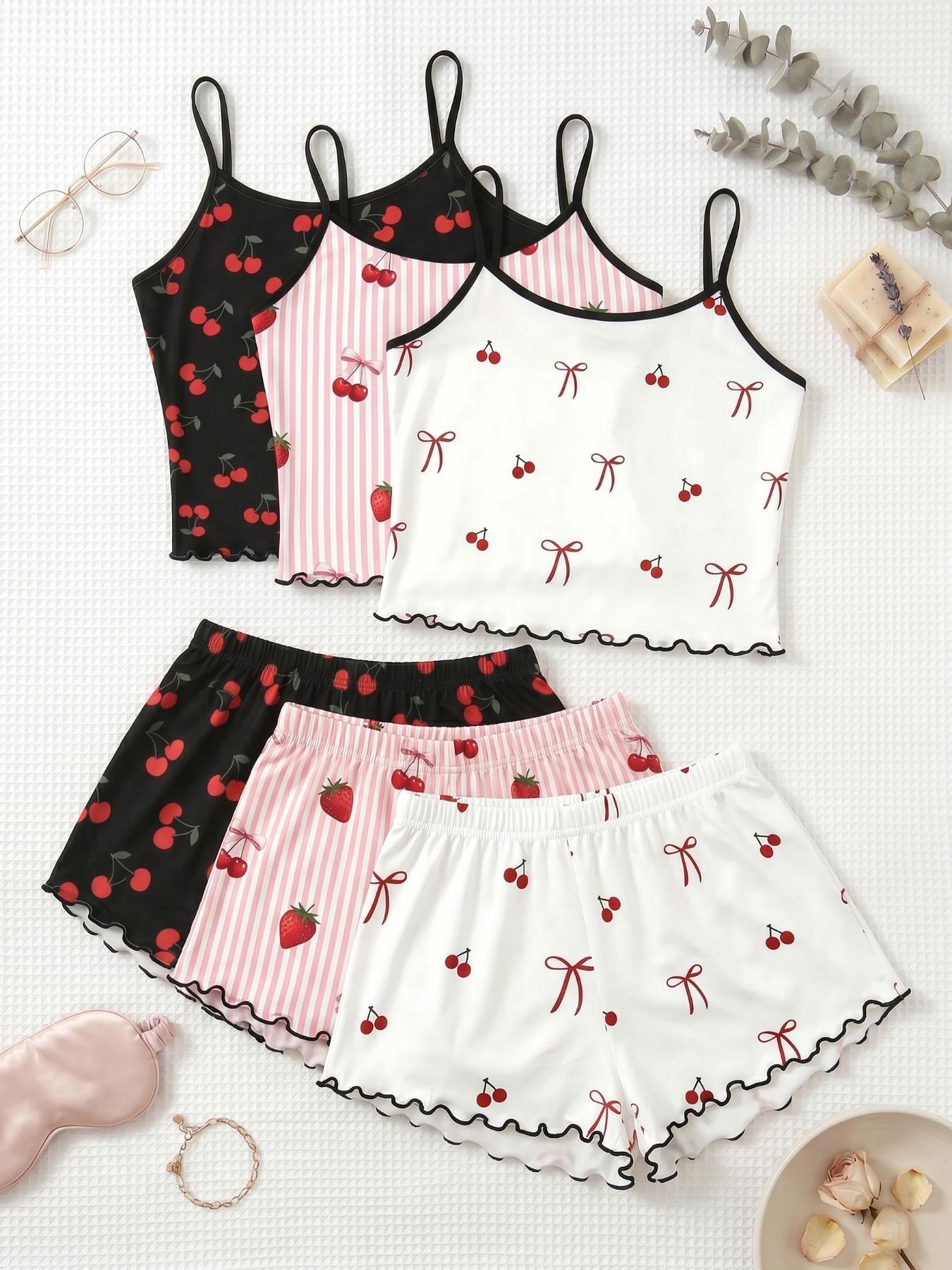 Cherry Print Halter Short Pajamas Set, Trim Ruffle Design, Sweet Cool Girl Style, Breathable Home Sleepwear, 3-Piece Combo