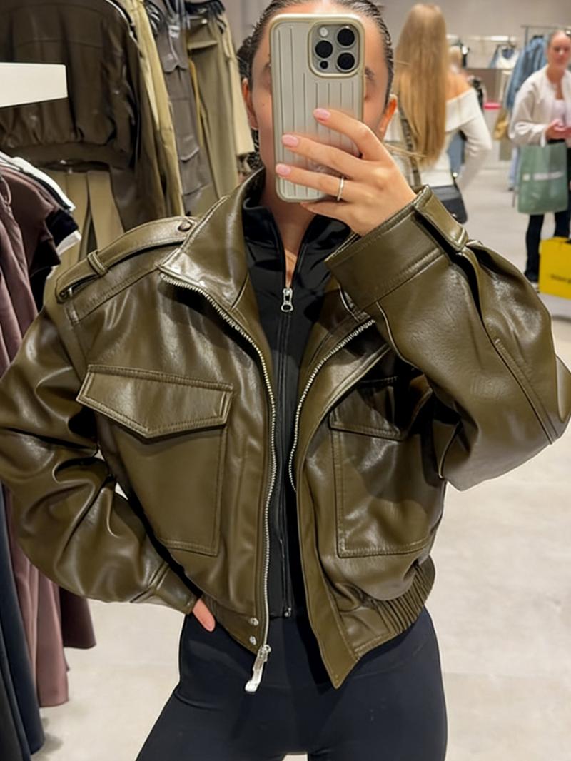 Women's Cropped Bomber Jacket Demi-Season Faux Leather Jacket Long Sleeve Green Black Jacket Women's Moto Biker Zipper Jacket Street Short Coat Aviator Jackets