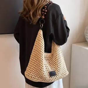 Women's Elegant Crochet Crossbody Bag, Fashionable Shoulder Bag with Wooden Beads Decor, Casual Trendy Versatile High-quality Daily Commuting Bag, Crossbody Purse, Daily Commuter Bag, Crossbody Shoulder Handbag