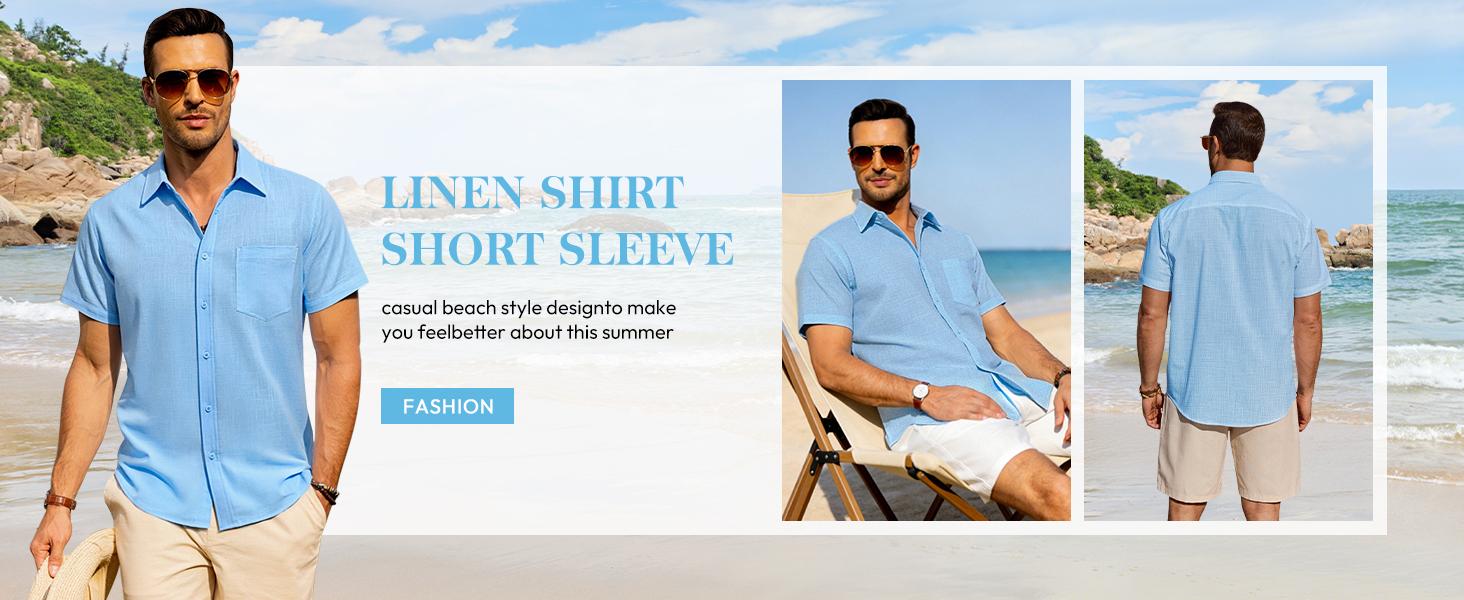 Alimens & Gentle Menswear Mens Linen-Cotton Fabric Plain Short-Sleeve Casual Button-Down Shirt, Lightweight Hippie Tropical Summer Beach Top, Shortsleeve