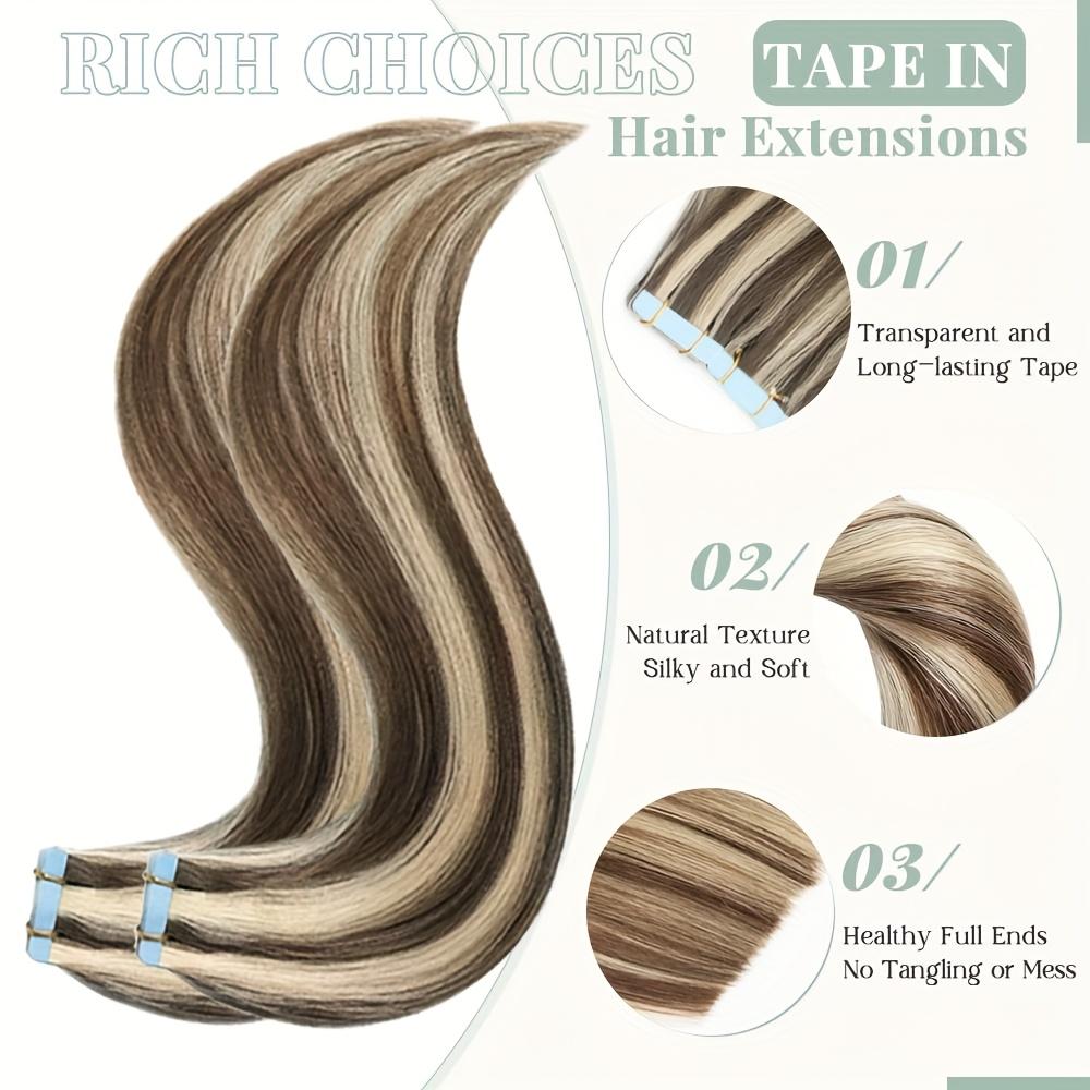 Women's Real Human Hair Tape-In Extensions, 1-4 Packs Long Strands 18-26 Inch Soft Straight Seamless Dark Brown to Blonde Highlights, Smooth Texture Easy Apply for 2 Glam Hairstyle Upgrades