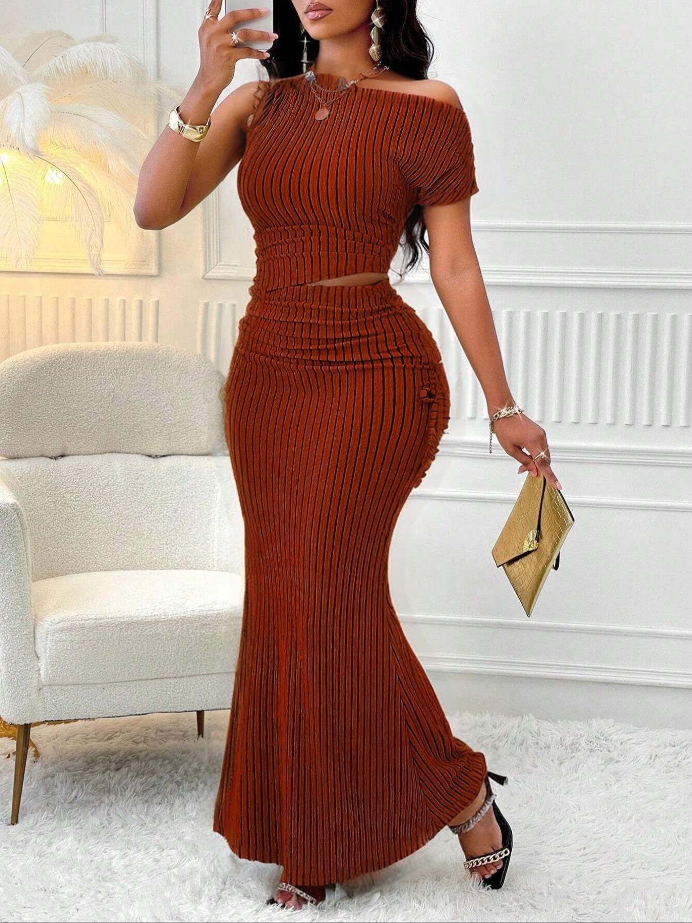Women's Two-Piece Set, Striped Short Sleeve Asymmetrical Shoulder Top and High-Waisted Skirt, Casual, Fashionable and Body-Conscious, Summer Outfit Set, Clothes