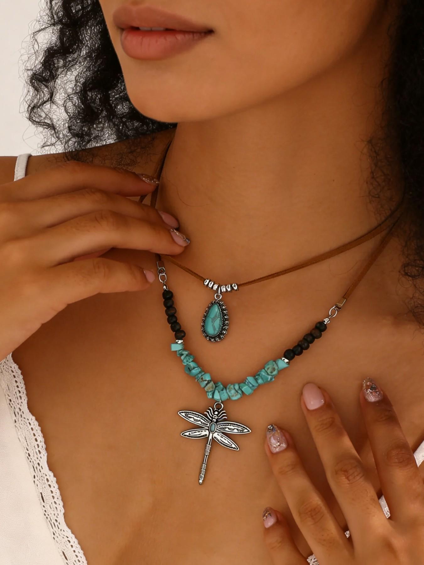 Women's Multi-Layer Dragonfly Turquoise Necklace, Bohemian Style Pendant Jewelry Set, Perfect for Holidays, Daily Wear, and Gifting