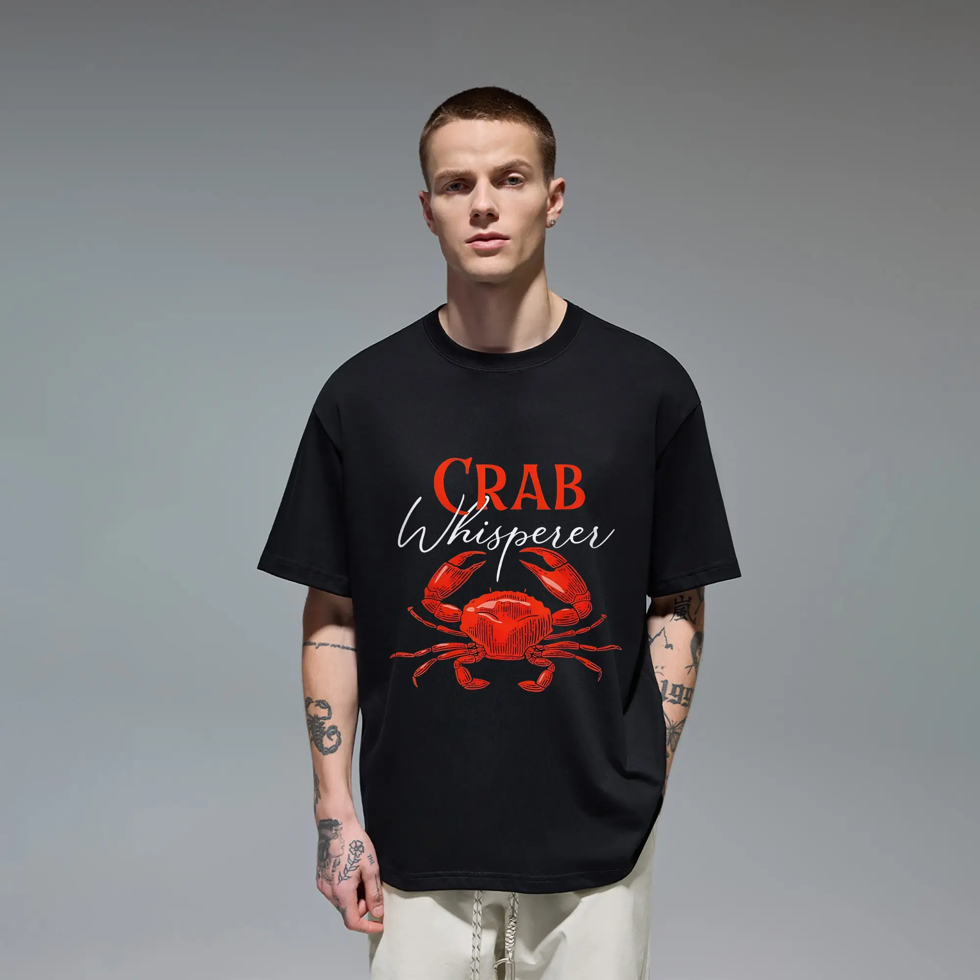 Funny Crab Whisperer Red King Crab Seafood Boil Party Humor Original Oversized Cotton Graphic Tee T-Shirt for Men Gift Cutting Ideas Dad Husband Crabbing Hobby Fisherman Outdoorsman Maryland Coast Beach Vacation Summer Ocean Vibe Casual Everyday Top