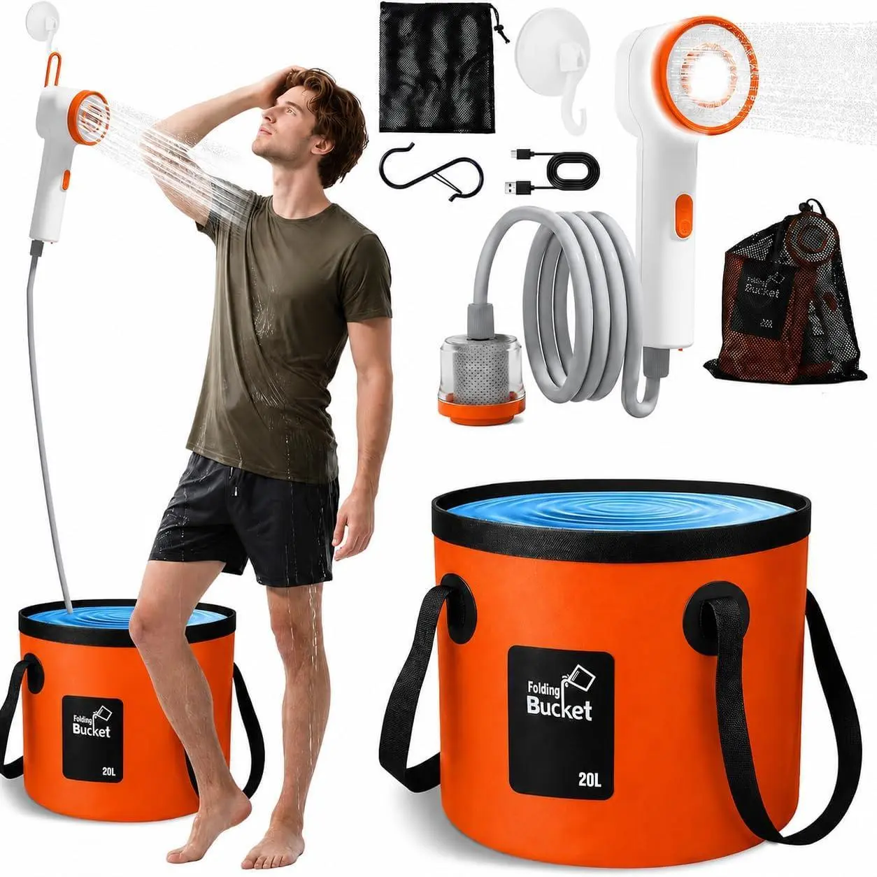 Portable Camping Shower, 2026 Upgraded Rechargeable Filtered Shower Head with LED Light & Built-In Water Pump, Foldable Shower Bucket, Outdoor Portable Shower for Camping Car Wash Pet Bath Water Plant
