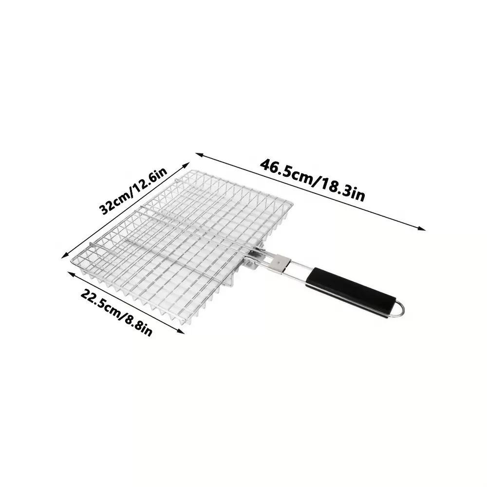 BBQ Stainless Steel Folding Handle Grill Tongue, Outdoor Multi-Functional Grill Net, Fish Meat Vegetable Rack, BBQ Tools