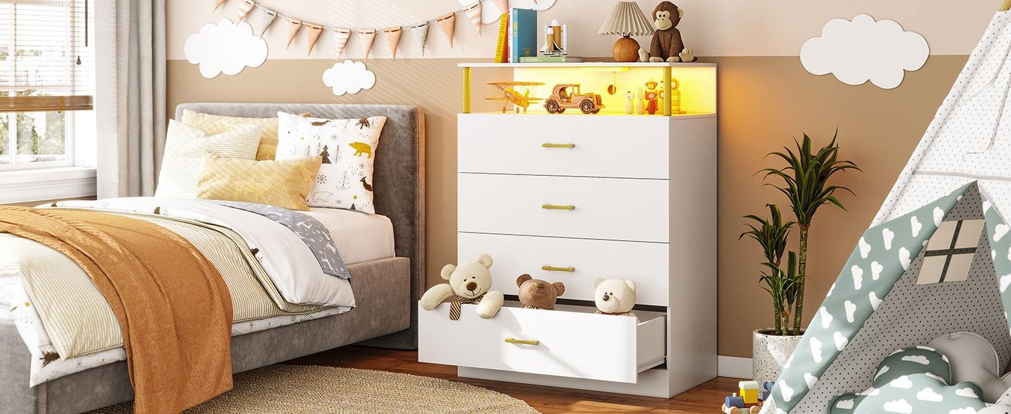 Sikaic Dresser for Bedroom with Column Design, 4 Drawer Dresser with Charging Station, Modern Bedroom Led Tall Dresser for Bedroom Closet
