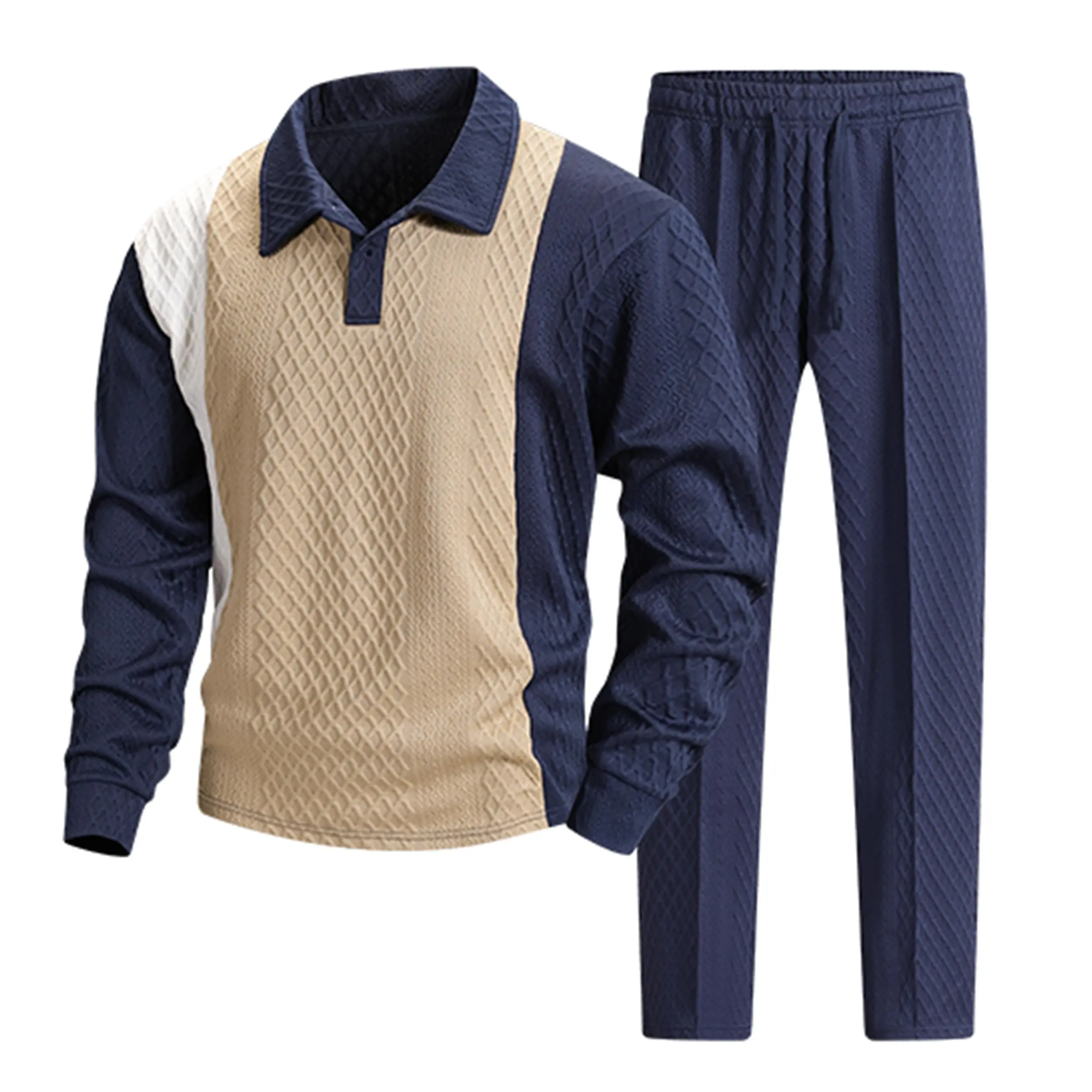 Men's 2-Piece Jacquard Weave Textured Fabric Tracksuit - Diamond Pattern, Color Block Long Sleeve Polo Shirt & Elastic Drawcord Drawstring Waist Straight Cut Sweatpants Casual Outfit Set